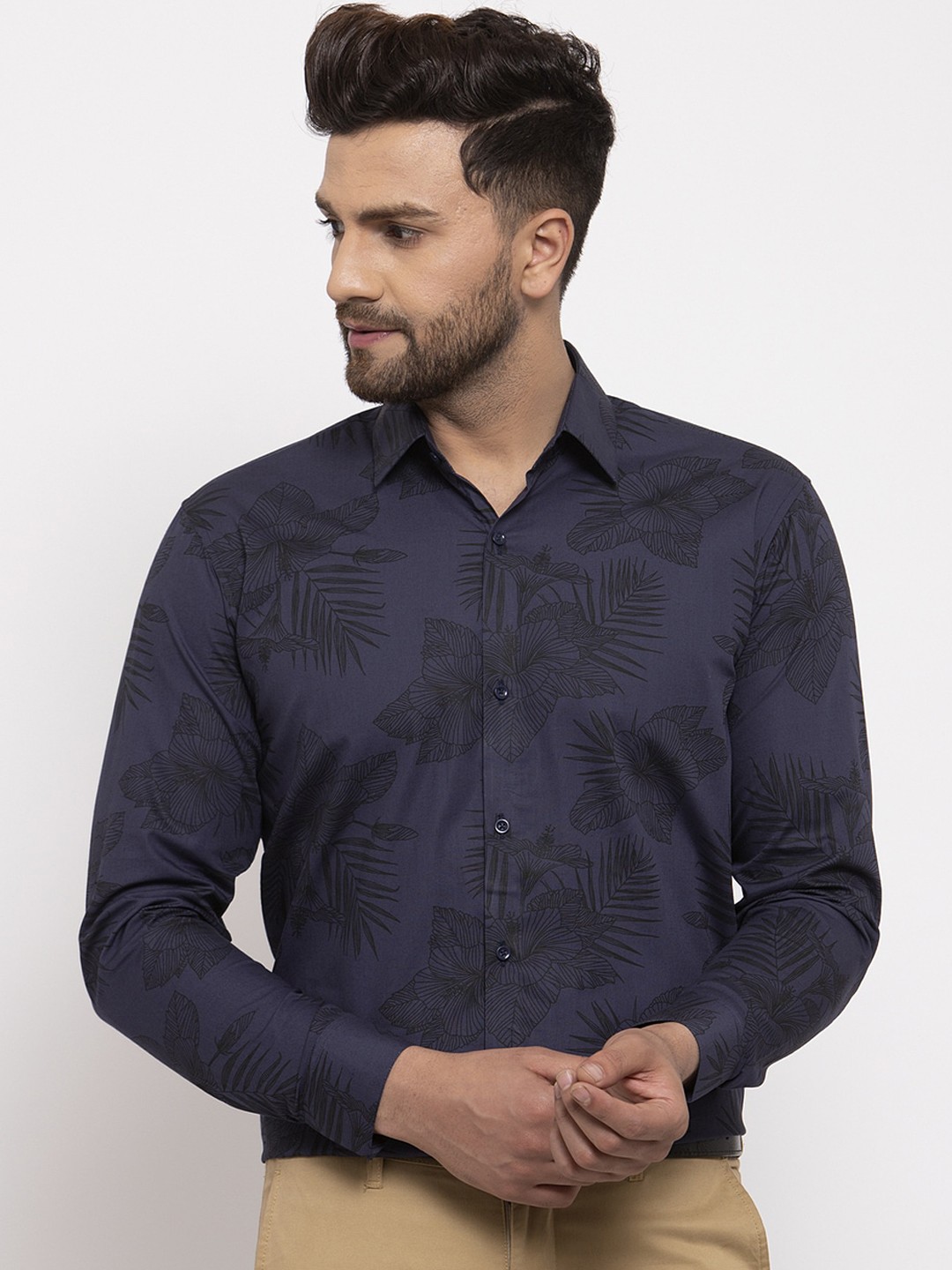 

JAINISH Men Navy Blue & Black Smart Floral Opaque Printed Pure Cotton Party Shirt