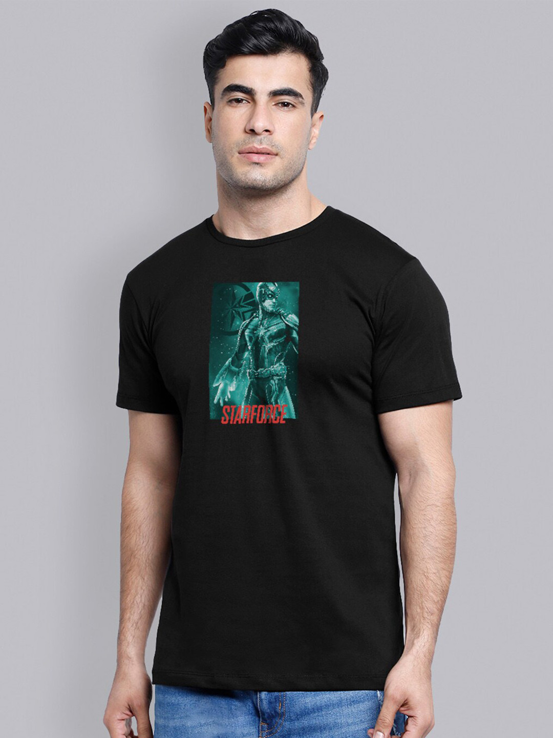 

Free Authority Men Black Captain Marvel Printed Raw Edge Pure Cotton T-shirt