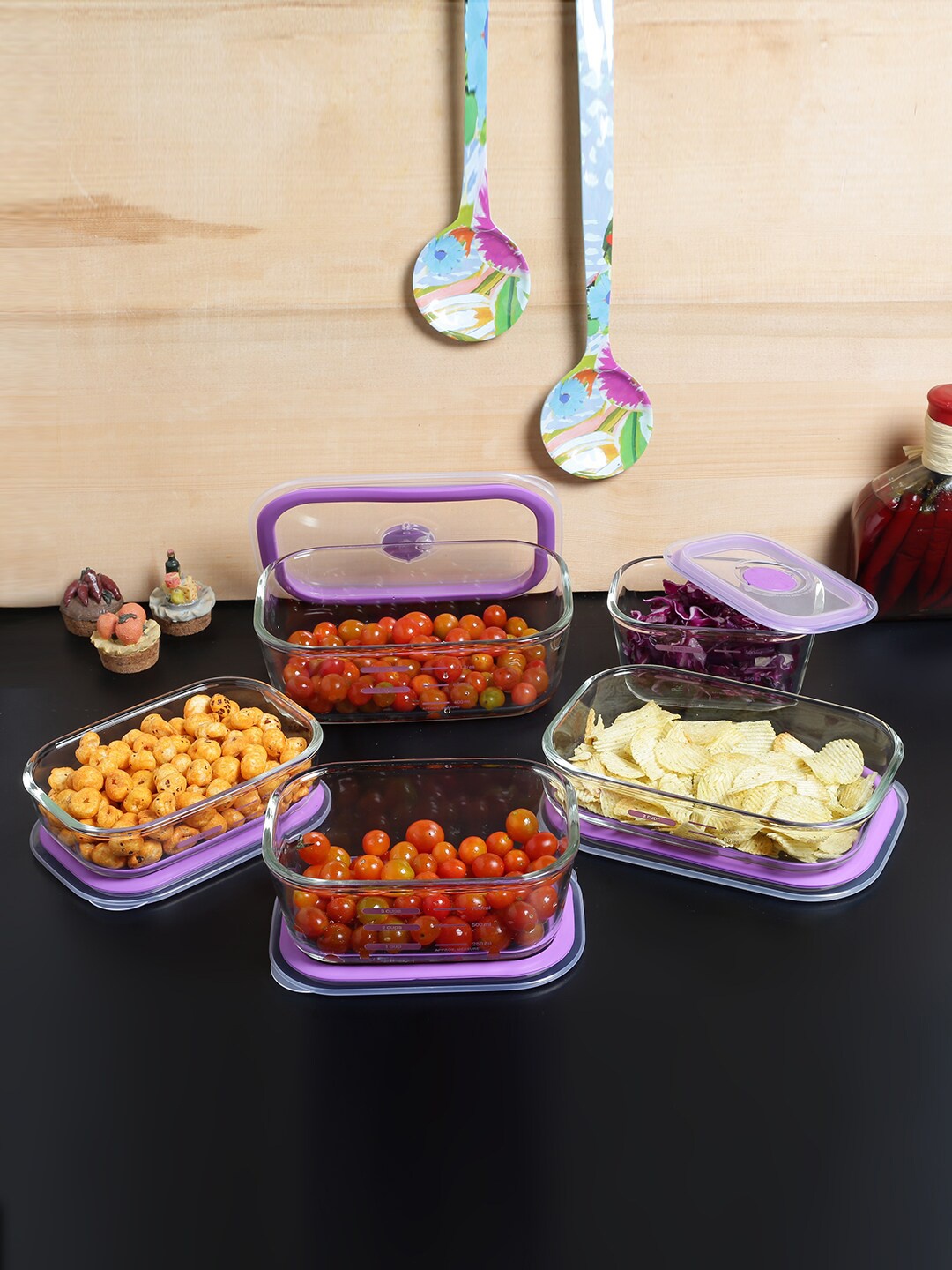 

Decor Set Of 5 Purple & Transparent Solid Kitchen Storage Container Set With Air Vent Lids