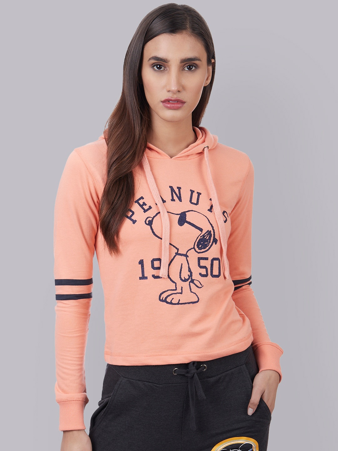 

Free Authority Women Peach-Coloured Peanuts Printed Cotton Hooded Sweatshirt