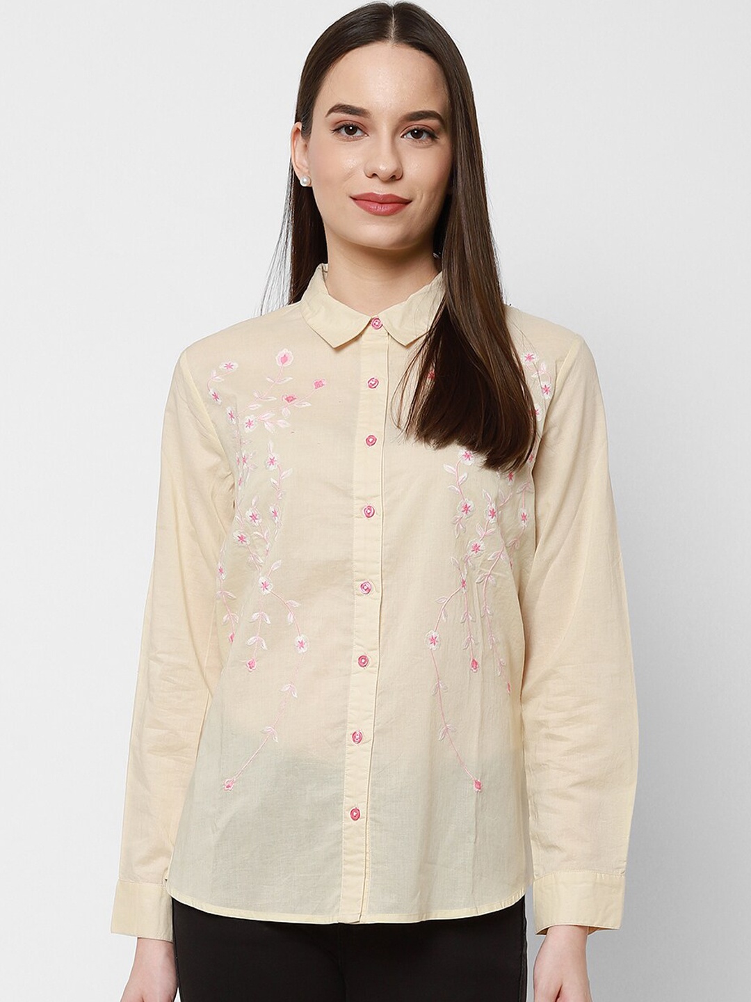 

HOUSE OF KKARMA Women Cream-Coloured & Pink Floral Embroidered Opaque Casual Shirt
