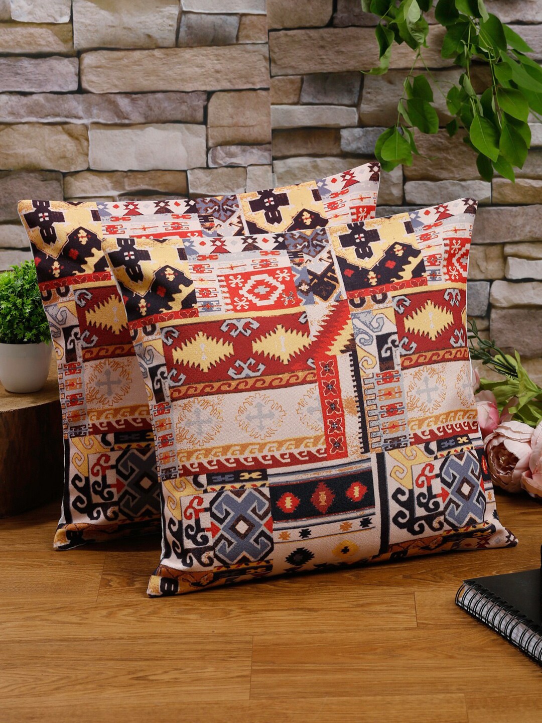 

Alina decor Maroon & Beige Set of 2 Ethnic Motifs Square Cushion Covers