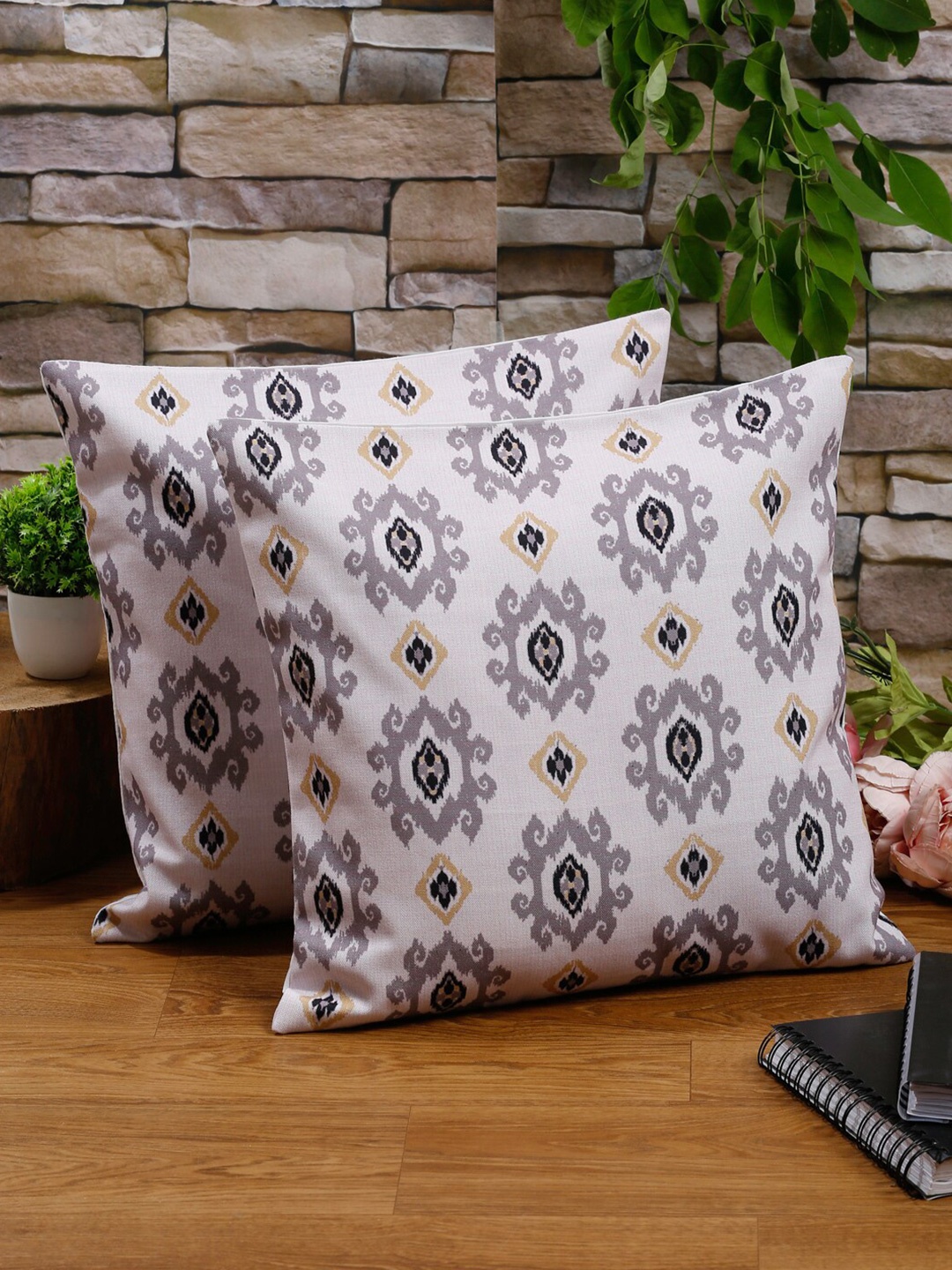 

Alina decor Beige & Grey Set of 2 Ethnic Motifs Square Cushion Covers