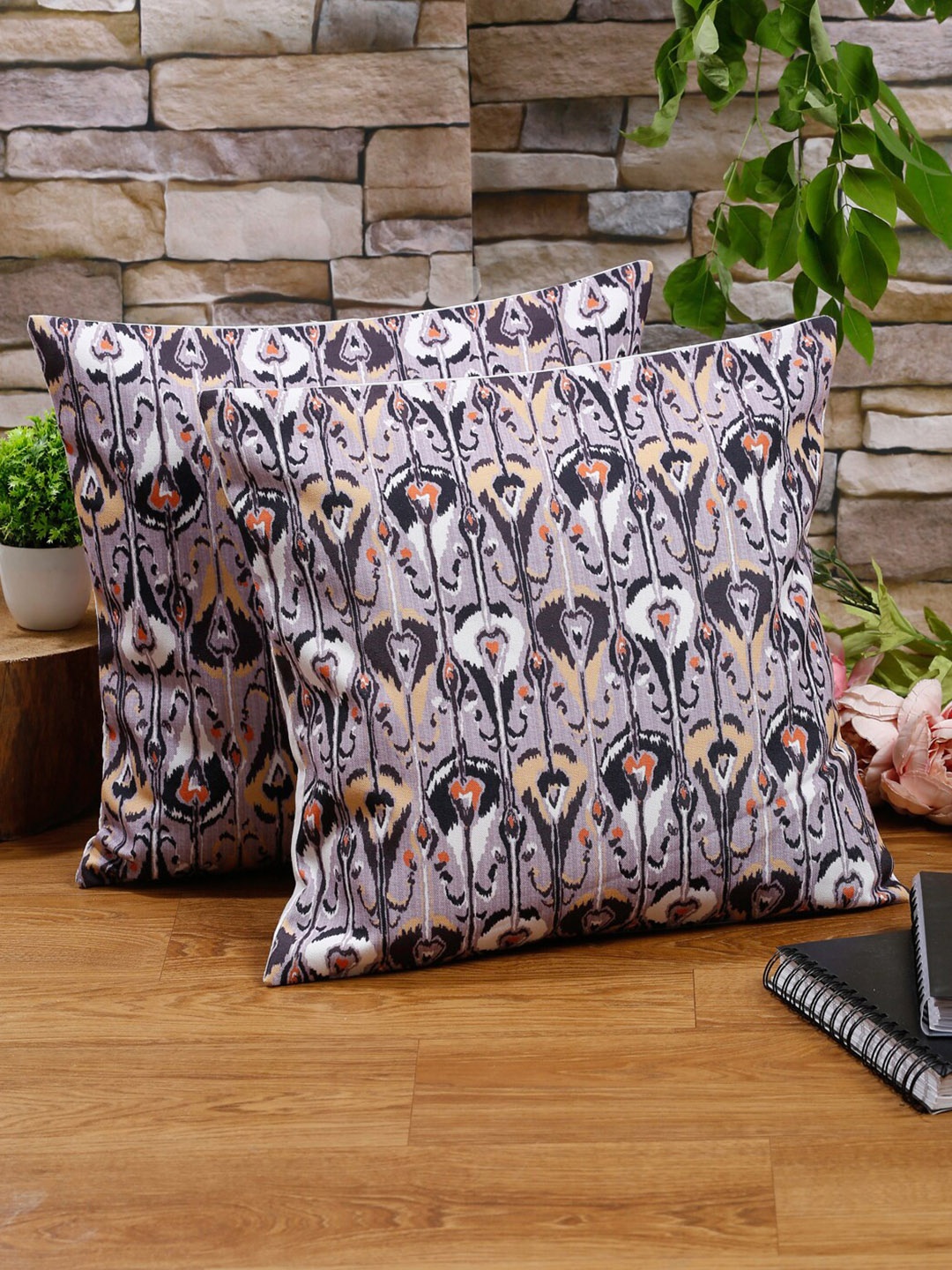 

Alina decor Grey & White Set of 2 Abstract Square Cushion Covers