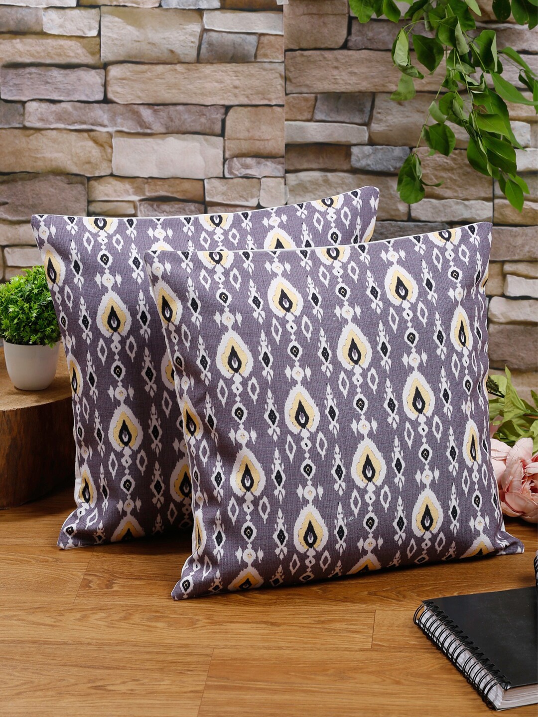 

Alina decor Grey & Yellow Set of 2 Ethnic Motifs Square Cushion Covers