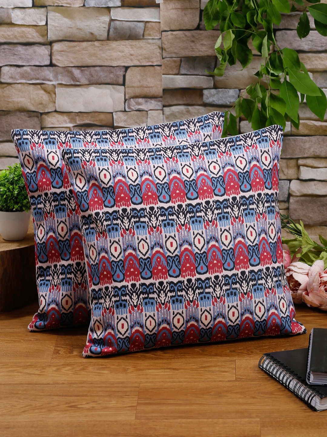 Alina decor Red & Blue Set of 2 Ethnic Motifs Square Cushion Covers