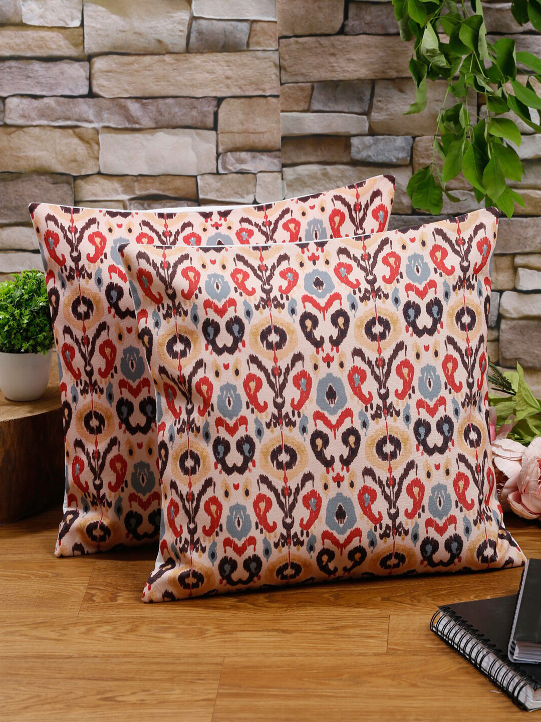 

Alina decor Unisex Set Of 2 Yellow & Brown Ethnic Motifs Printed Square Cushion Covers