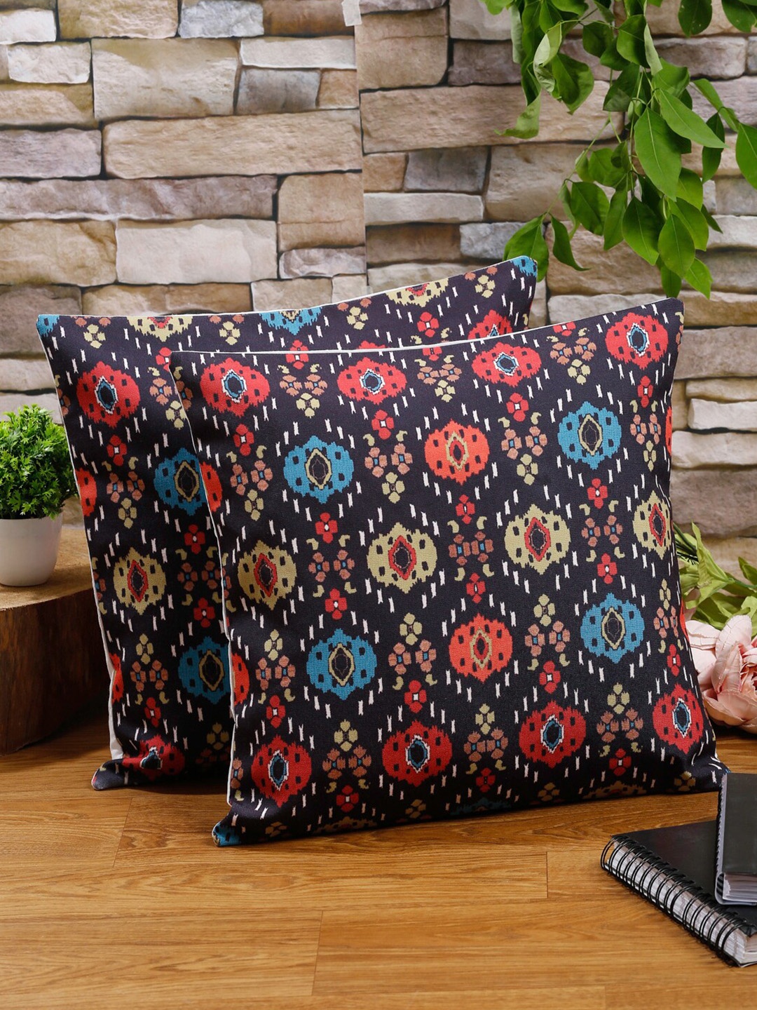 Alina decor Black & Blue Set of 2 Ethnic Motifs Square Cushion Covers