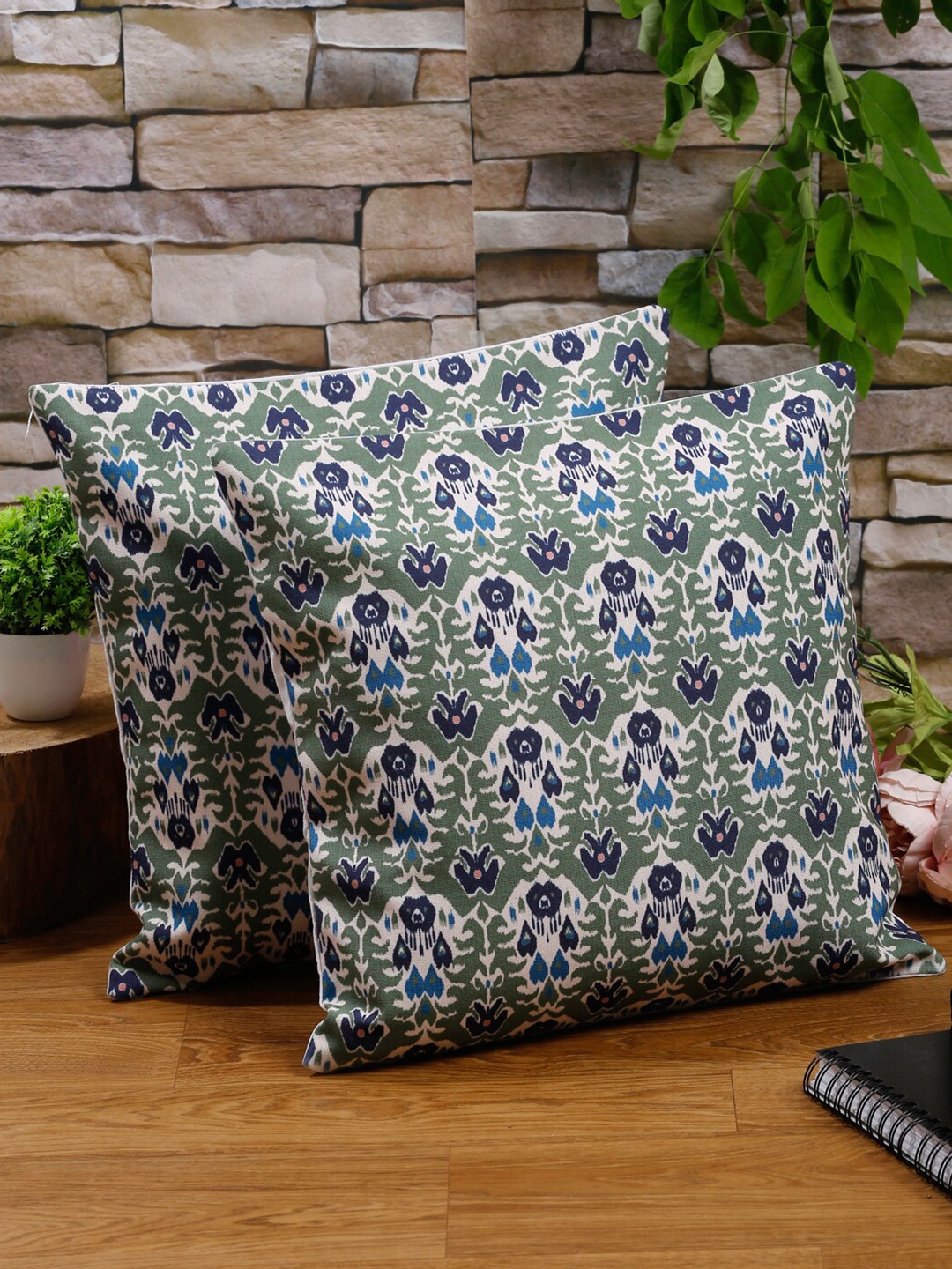 

Alina decor Green & White Set of 2 Ethnic Motifs Square Cushion Covers