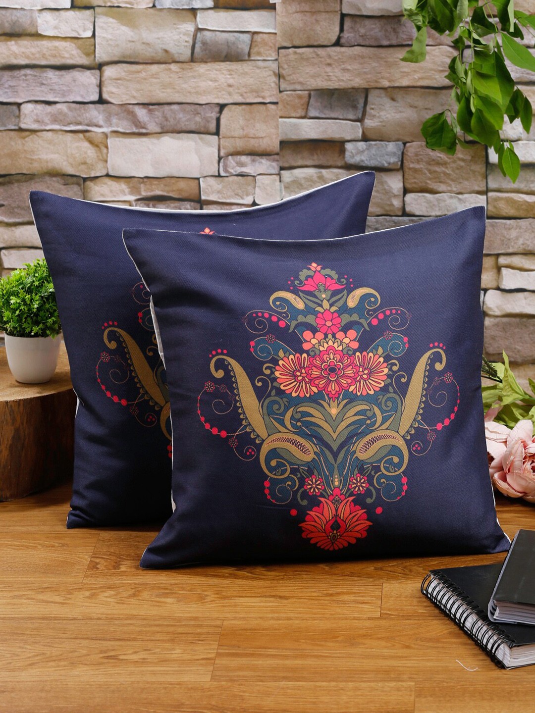 

Alina decor Navy Blue & Green Set of 2 Ethnic Motifs Square Cushion Covers