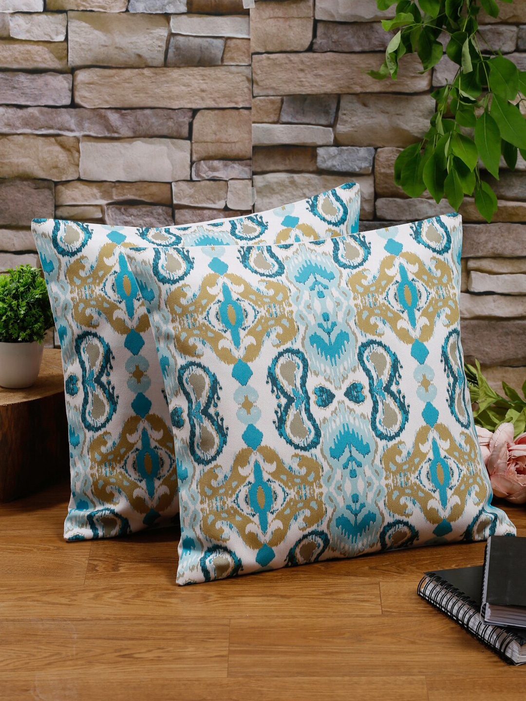 

Alina decor White & Blue Set of 2 Ethnic Motifs Square Cushion Covers