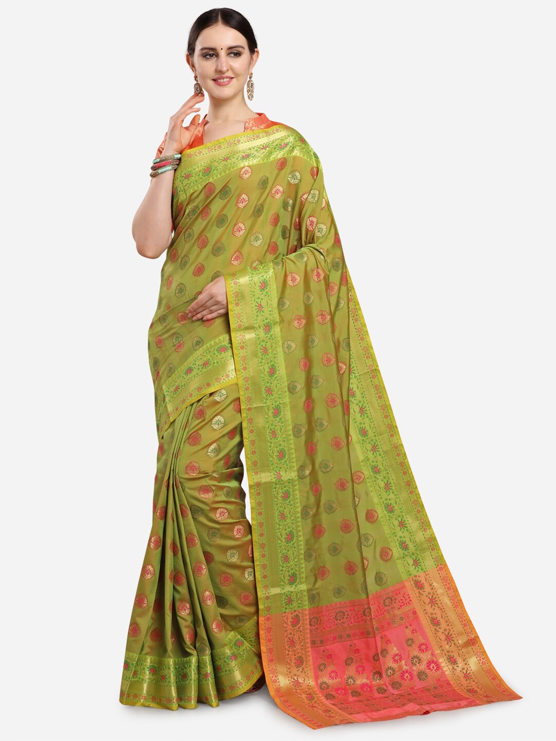 

Mitera Green & Pink Woven Design Zari Silk Blend Banarasi Saree