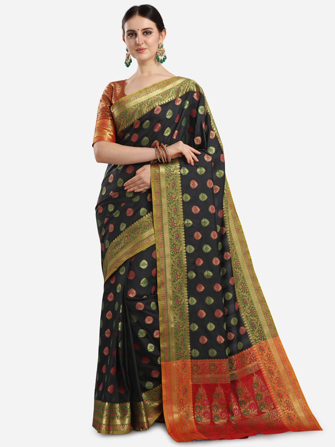 

Mitera Black & Red Ethnic Motifs Zari Silk Blend Banarasi Saree