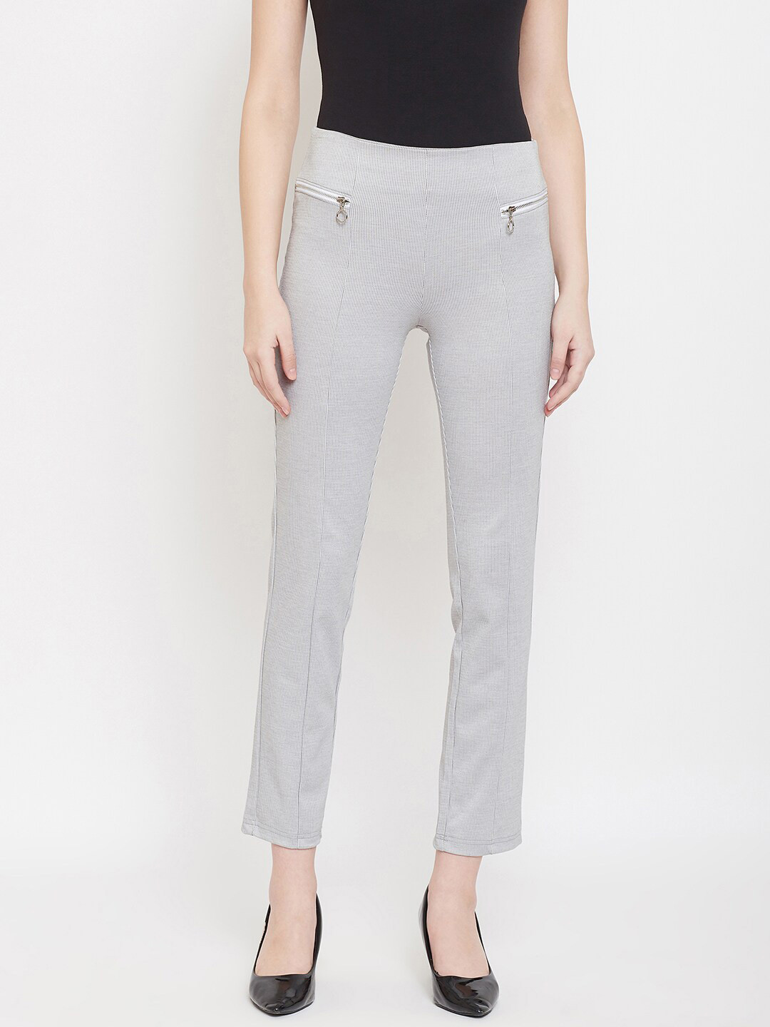 

Madame Women Grey Striped Cotton Jeggings