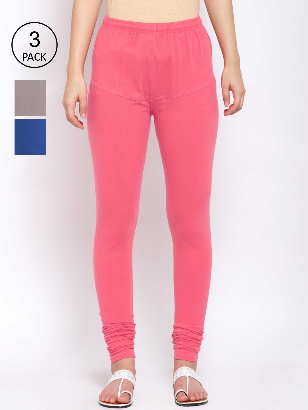 

KLOTTHE Women Pack Of 3 Solid Cotton Churidar-Length Leggings, Pink