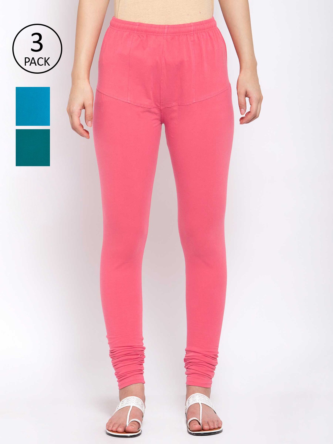 

KLOTTHE Women Pack Of 3 Solid Cotton Churidar-Length Leggings, Pink