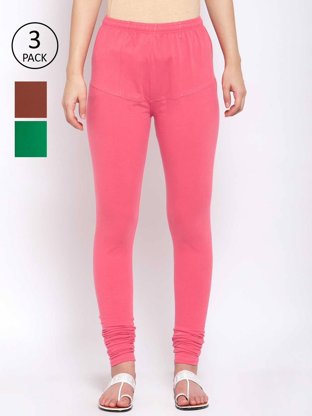 

KLOTTHE Women Pack Of 3 Solid Cotton Churidar-Length Leggings, Pink