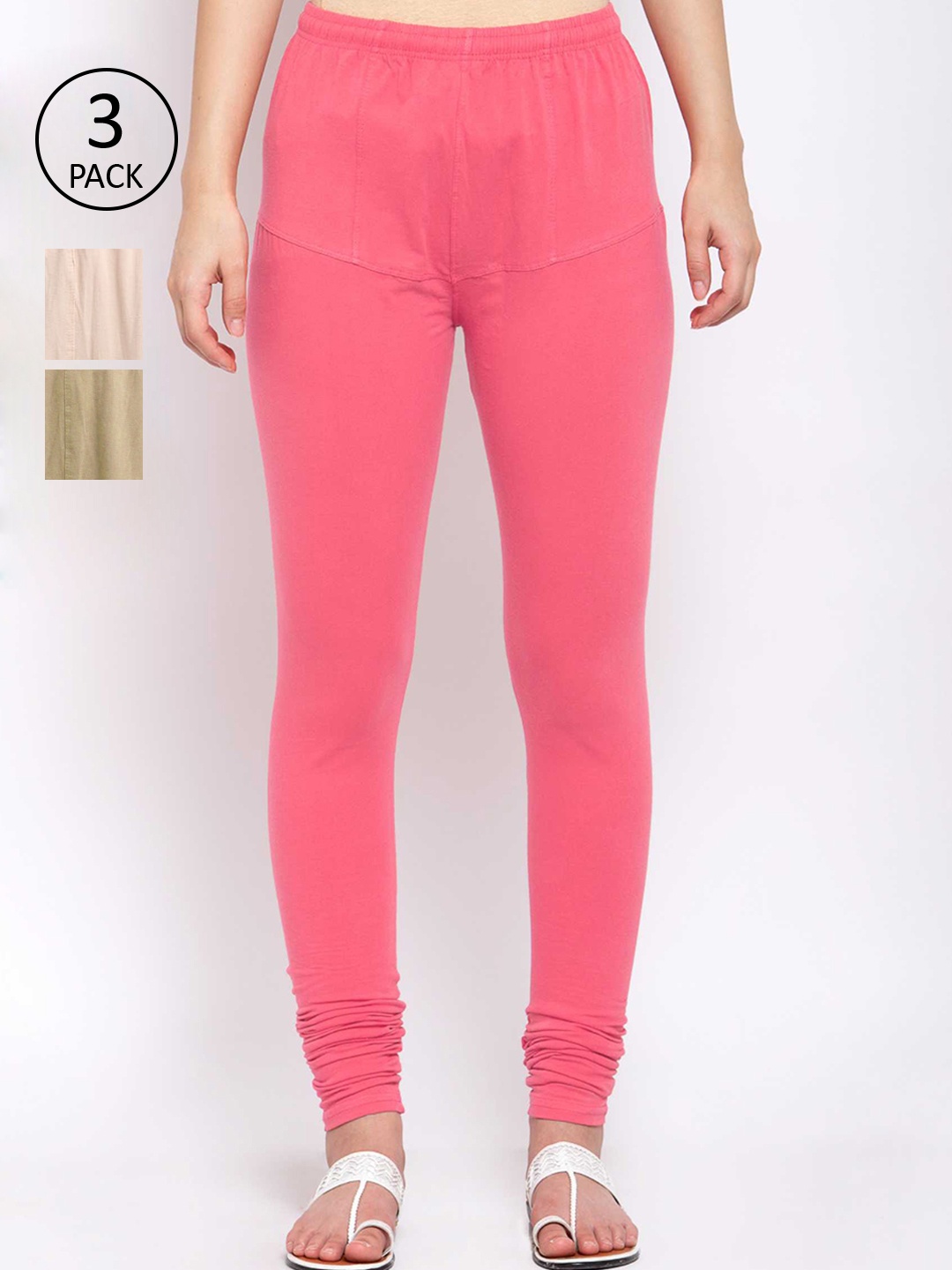 

KLOTTHE Women Pack Of 3 Solid Cotton Churidar-Length Leggings, Pink