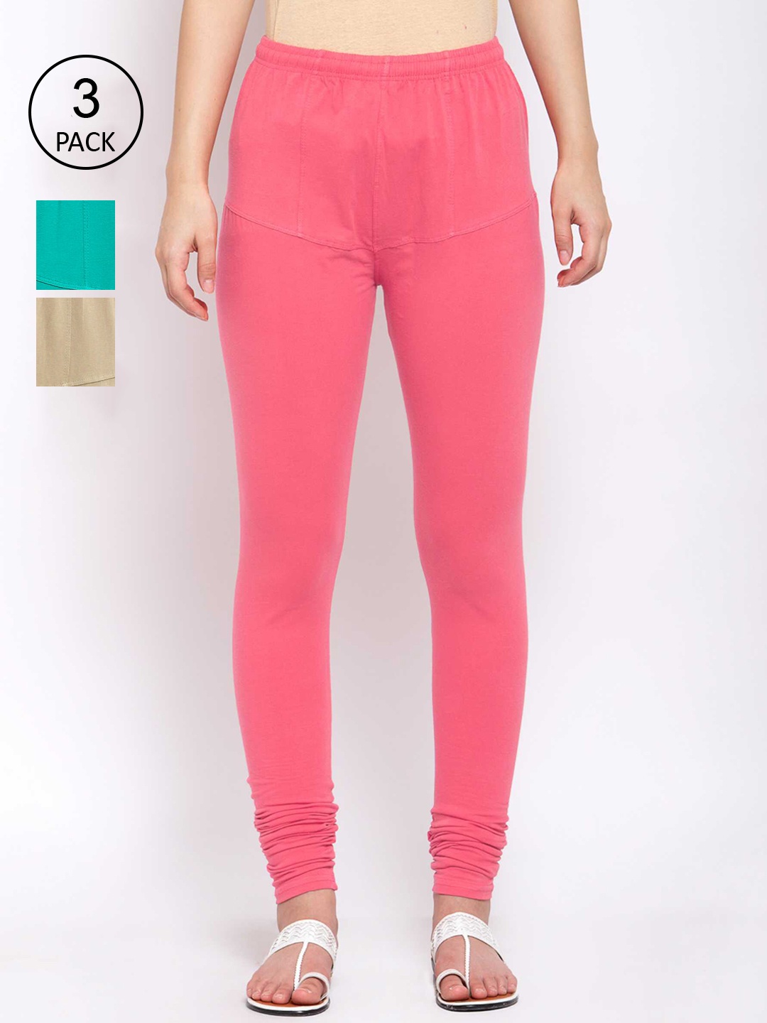 

KLOTTHE Women Pack Of 3 Solid Cotton Churidar-Length Leggings, Pink