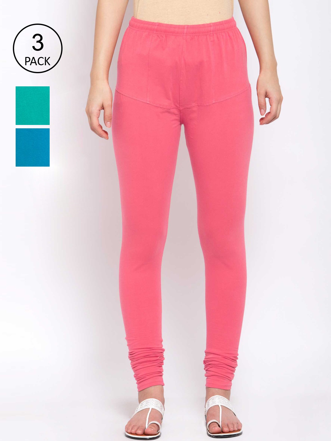 

KLOTTHE Women Pack Of 3 Solid Cotton Churidar-Length Leggings, Pink