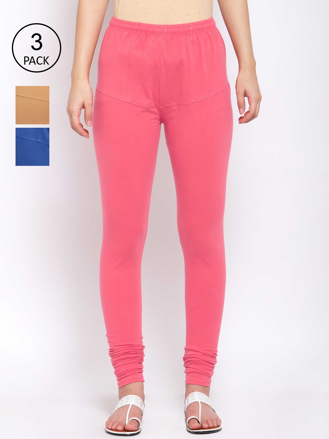

KLOTTHE Women Pack Of 3 Solid Cotton Churidar-Length Leggings, Pink