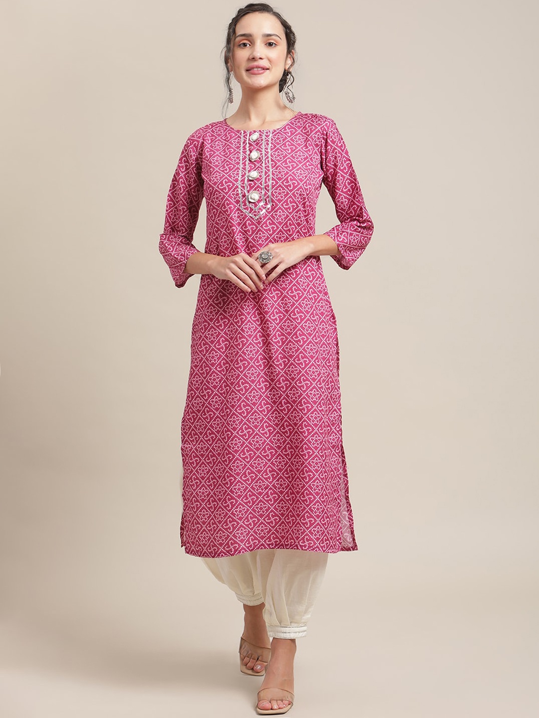 

KSUT Women Pink & White Ethnic Motifs Printed Crepe Kurta