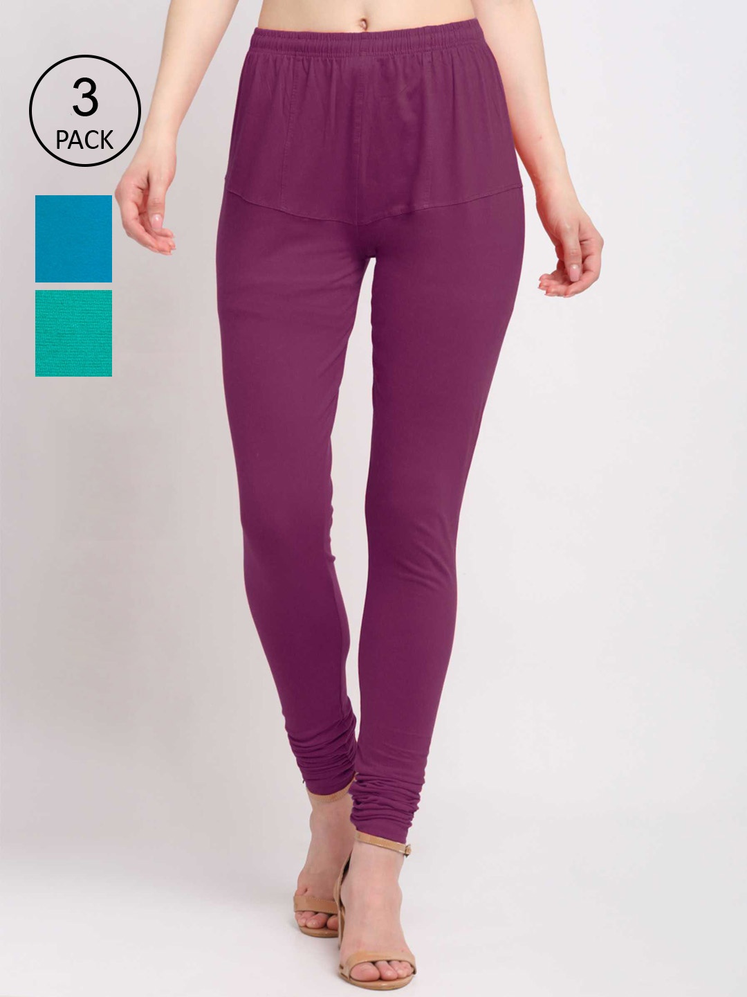 

KLOTTHE Women Pack of 3 Solid Cotton Churidar-Length Leggings, Purple