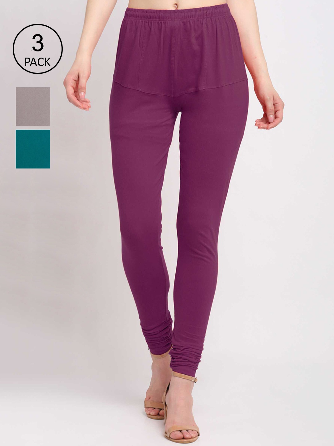 

KLOTTHE Women Pack Of 3 Solid Cotton Churidar-Length Leggings, Purple
