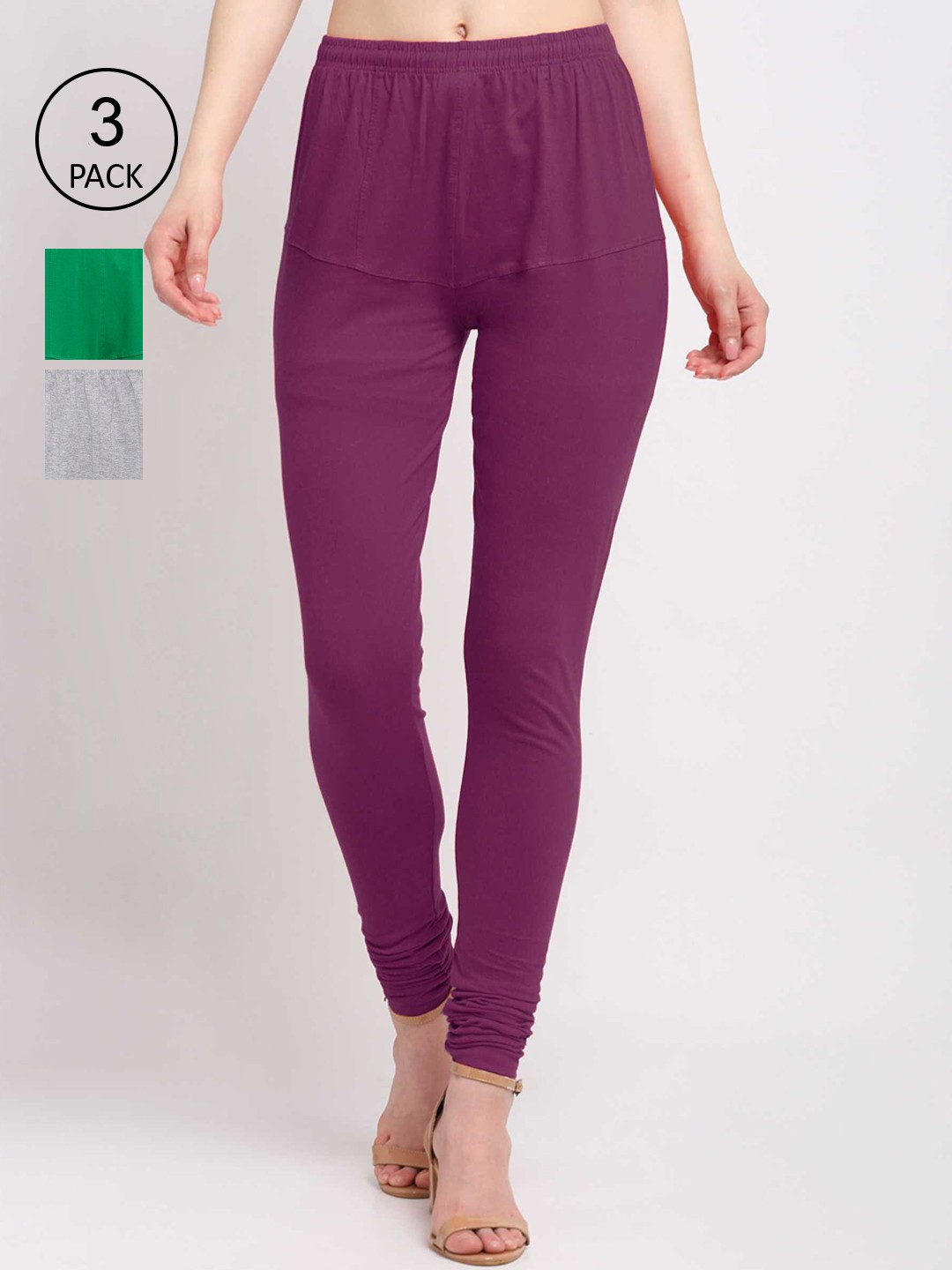 

KLOTTHE Women Pack Of 3 Solid Cotton Churidar-Length Leggings, Purple