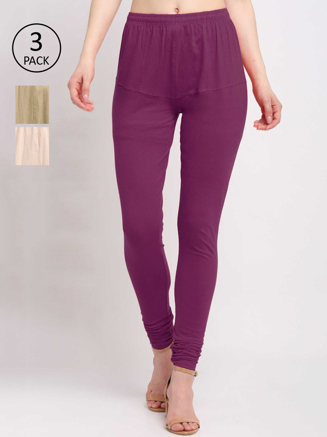 

KLOTTHE Women Pack Of 3 Solid Cotton Churidar-Length Leggings, Violet