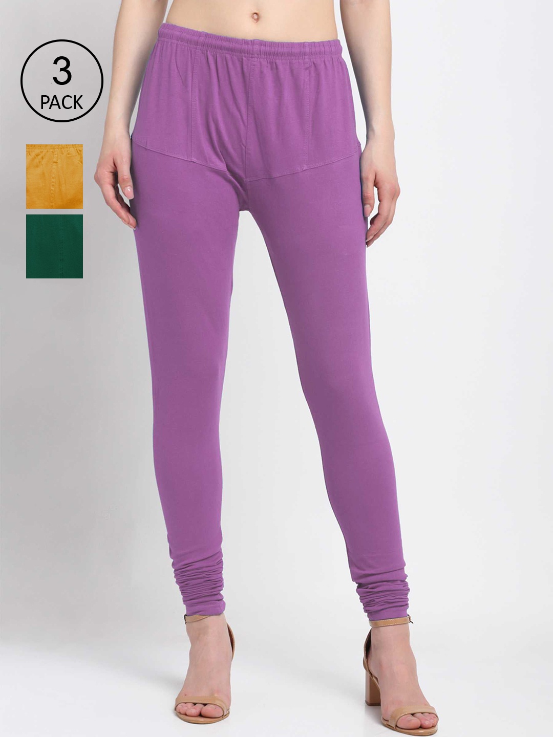 

KLOTTHE Women Pack Of 3 Solid Cotton Churidar-Length Leggings, Violet