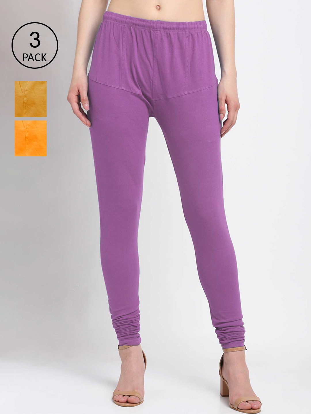 

KLOTTHE Women Pack Of 3 Cotton Churidar-Length Leggings, Purple