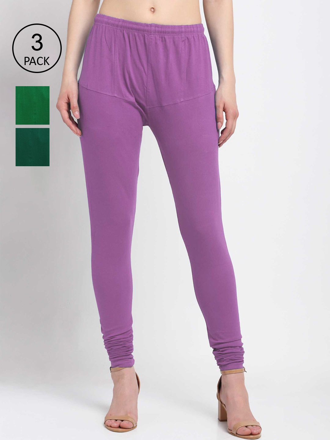 

KLOTTHE Women Pack Of 3 Solid Cotton Churidar-Length Leggings, Purple