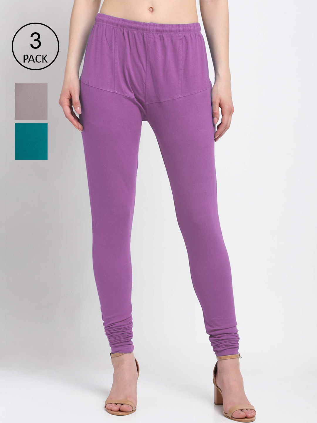 

KLOTTHE Women Pack Of 3 Cotton Churidar-Length Leggings, Purple