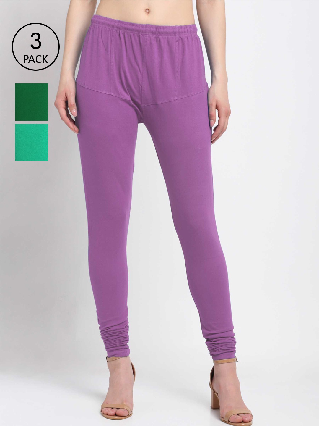 

KLOTTHE Women Pack Of 3 Solid Cotton Churidar-Length Leggings, Violet