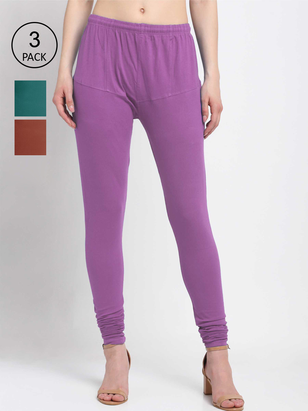 

KLOTTHE Women Pack Of 3 Cotton Churidar-Length Leggings, Purple