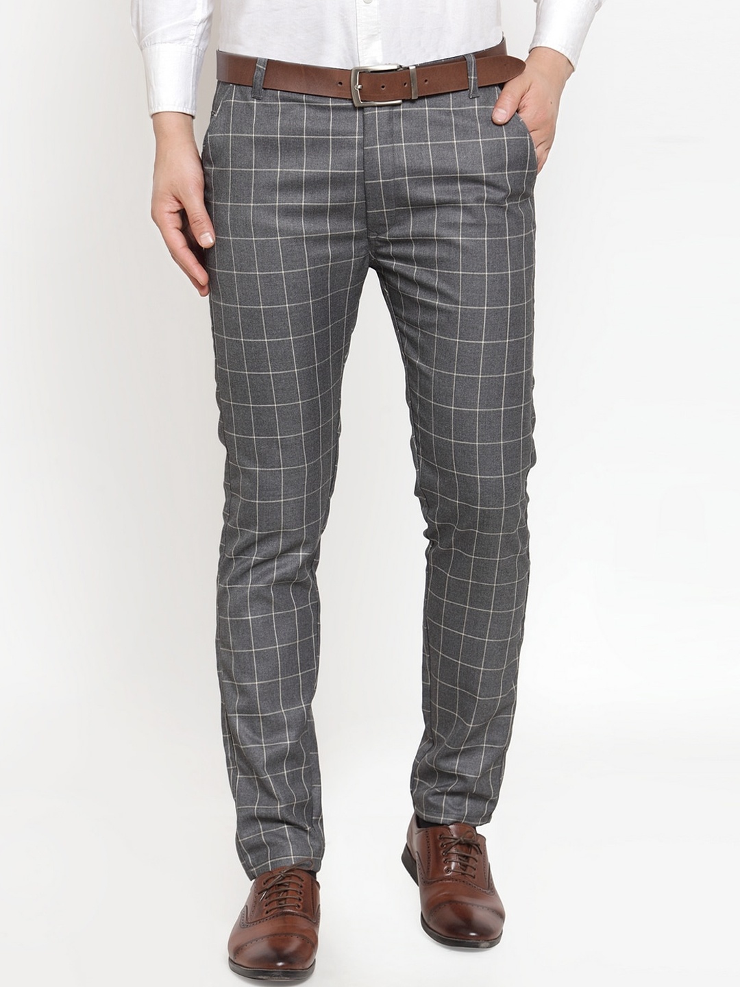 

JAINISH Men Grey Checked Smart Tapered Fit Formal Trousers