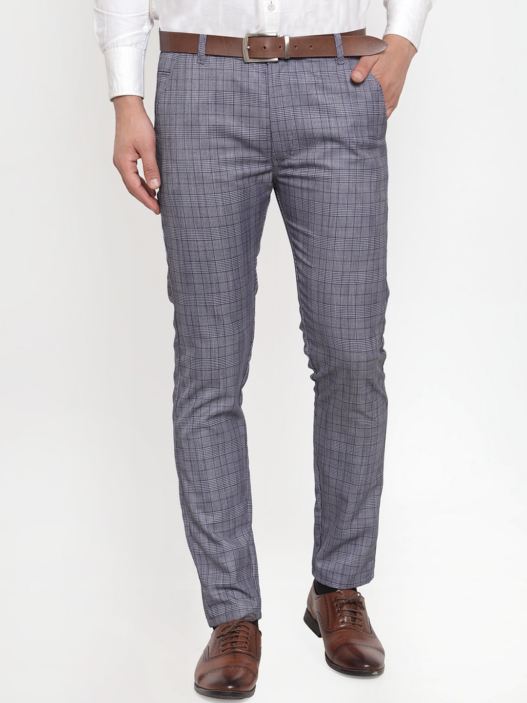

JAINISH Men Blue Checked Smart Tapered Fit Formal Trousers