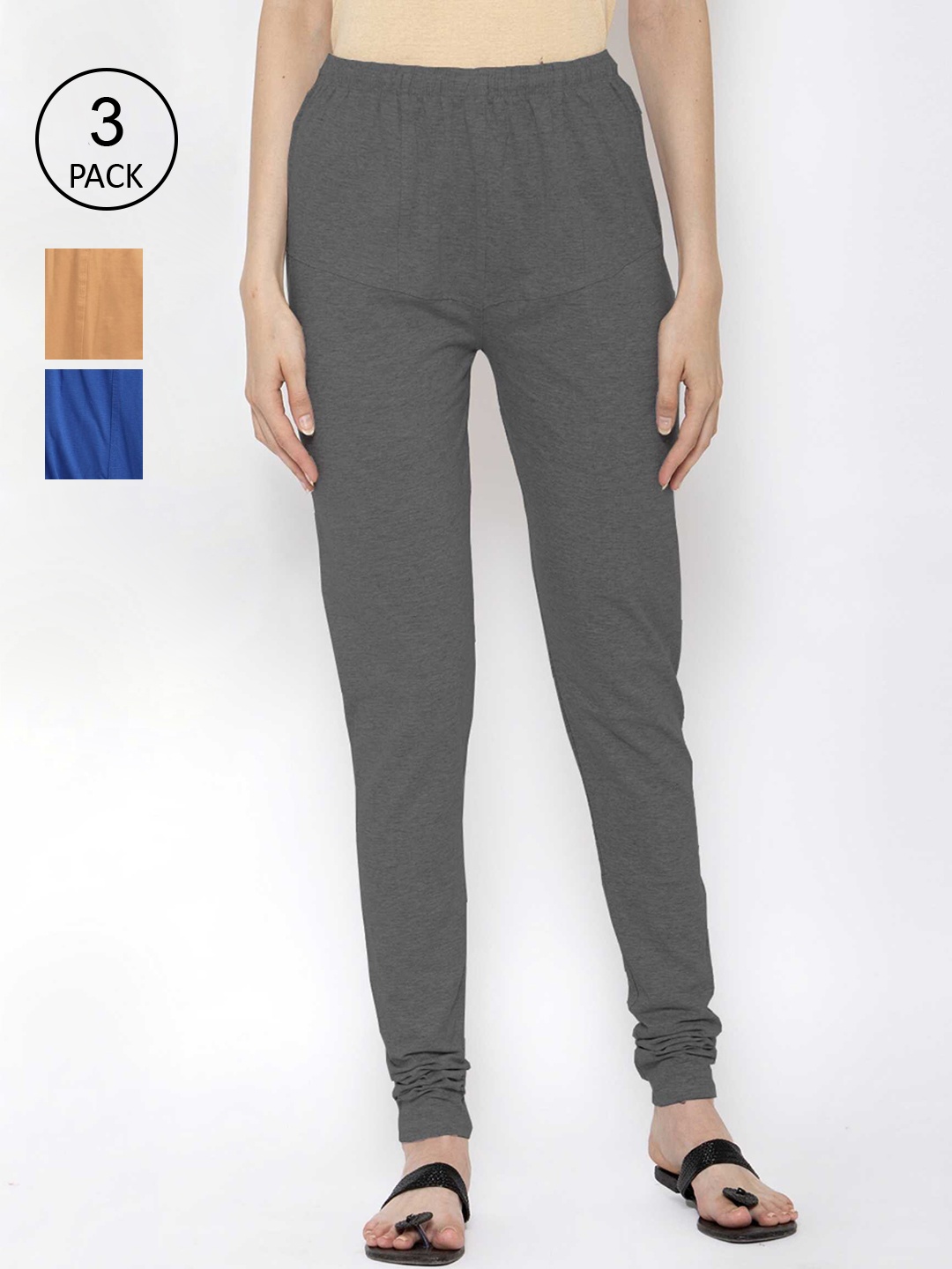 

KLOTTHE Women Pack Of 3 Solid Cotton Churidar-Length Leggings, Grey