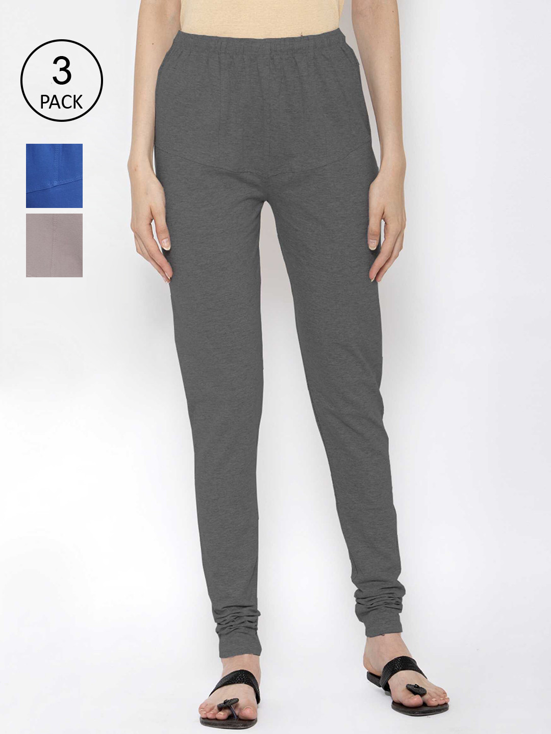 

KLOTTHE Women Pack Of 3 Multicoloured Solid Cotton Churidar-Length Leggings, Grey