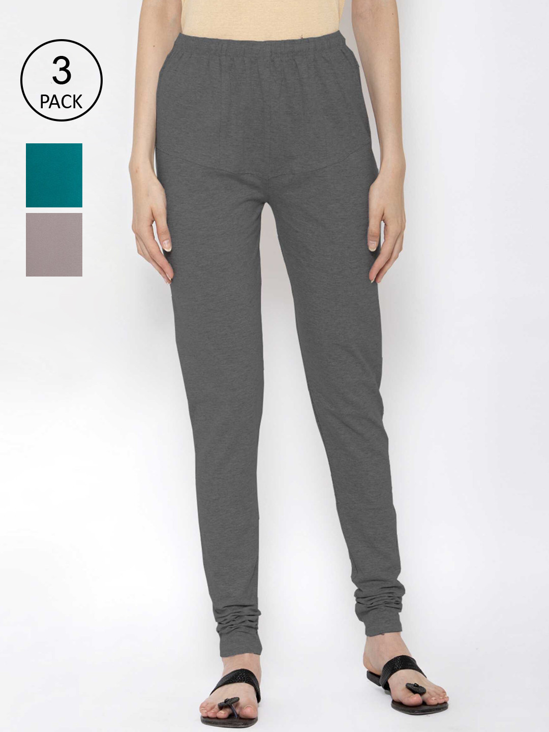 

KLOTTHE Women Pack Of 3 Solid Cotton Churidar-Length Leggings, Charcoal