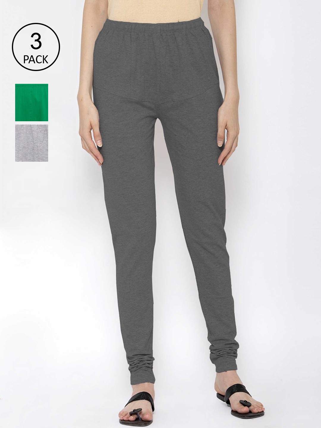 

KLOTTHE Women Pack Of 3 Solid Cotton Churidar-Length Leggings, Grey