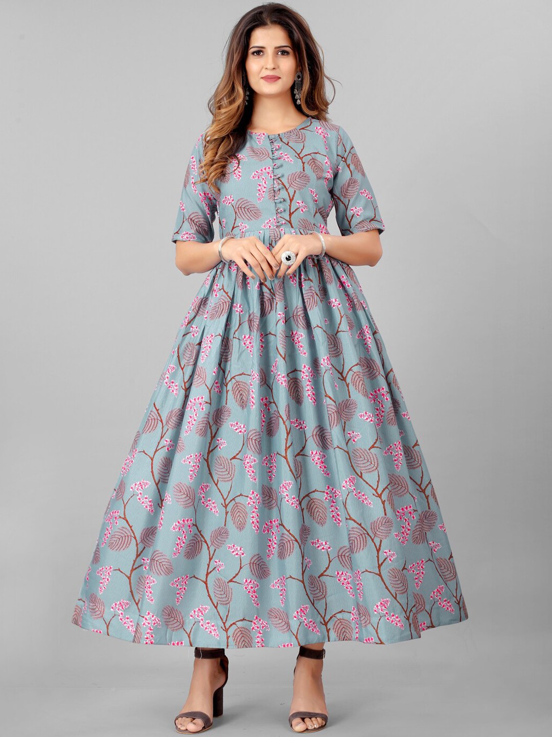 

SHOPGARB Grey Melange & Pink Floral Ethnic Maxi Ethnic Dress