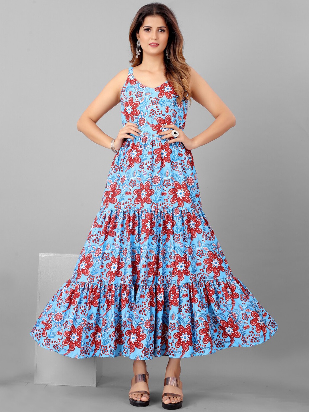 

SHOPGARB Women Blue & Red Floral Printed Maxi Dress