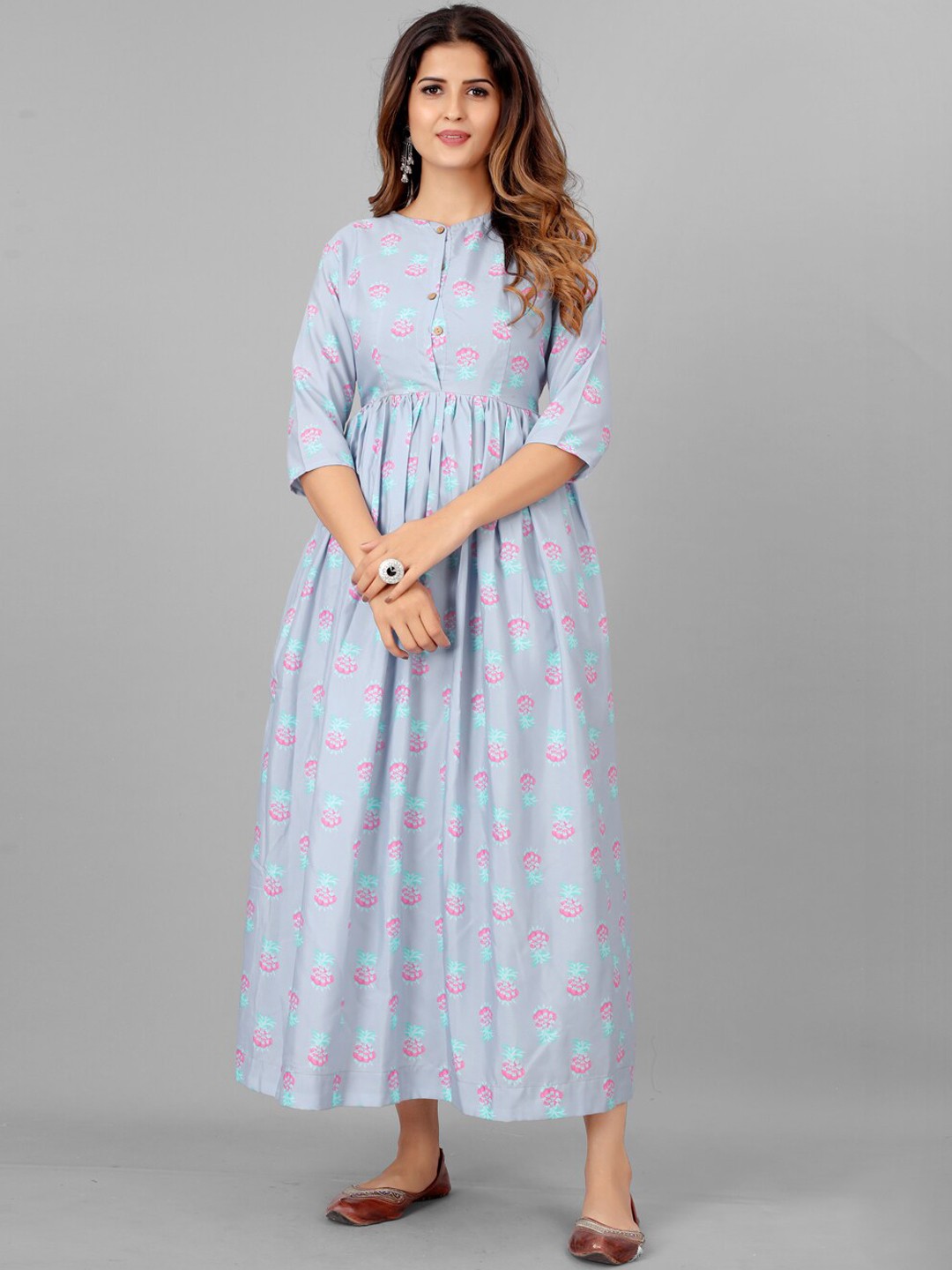 

SHOPGARB Grey & Purple Floral Ethnic Maxi Ethnic Dress