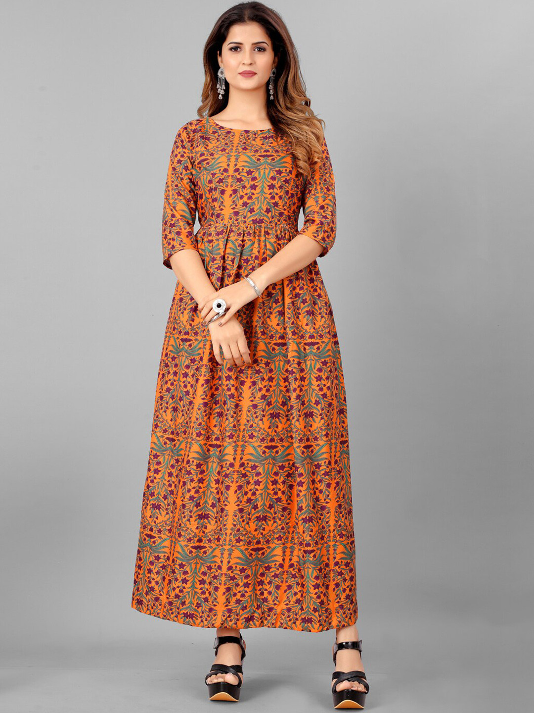 

SHOPGARB Peach-Coloured Floral Ethnic Maxi Ethnic Dress