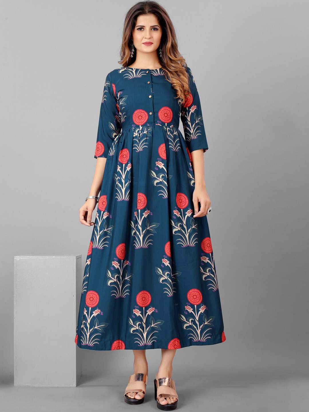 

SHOPGARB Blue & Orange Floral Ethnic Maxi Ethnic Dress