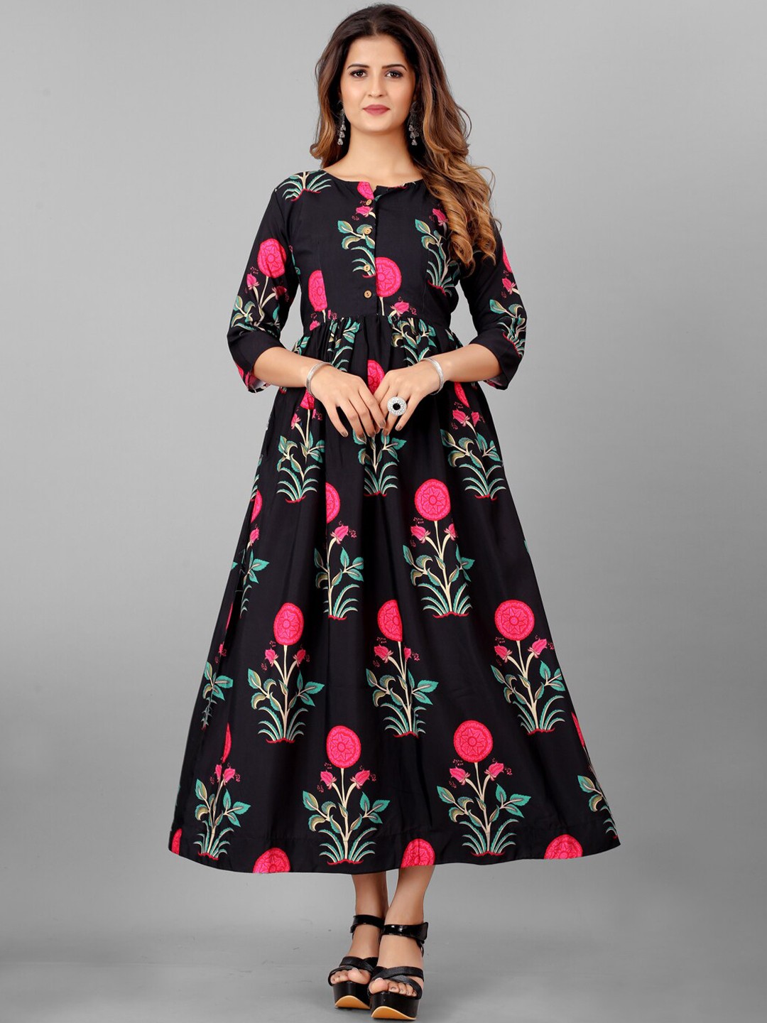 

SHOPGARB Women Black & Pink Ethnic Motifs Printed Maxi Ethnic Dress