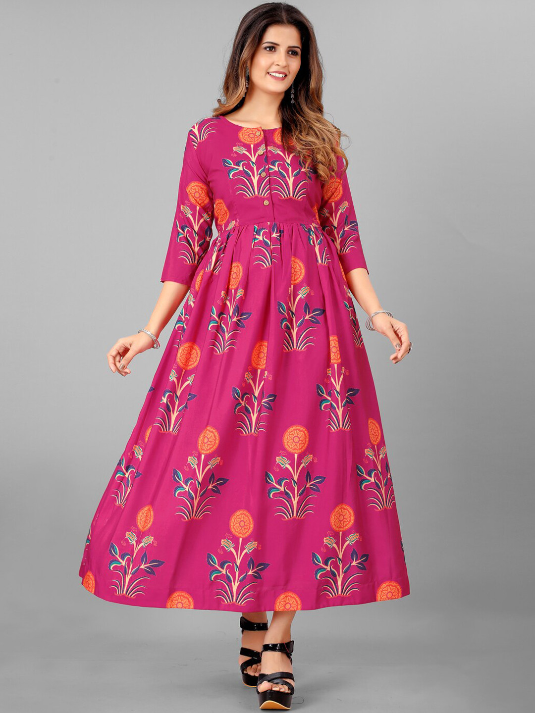 

SHOPGARB Pink Floral Ethnic Maxi Ethnic Dress