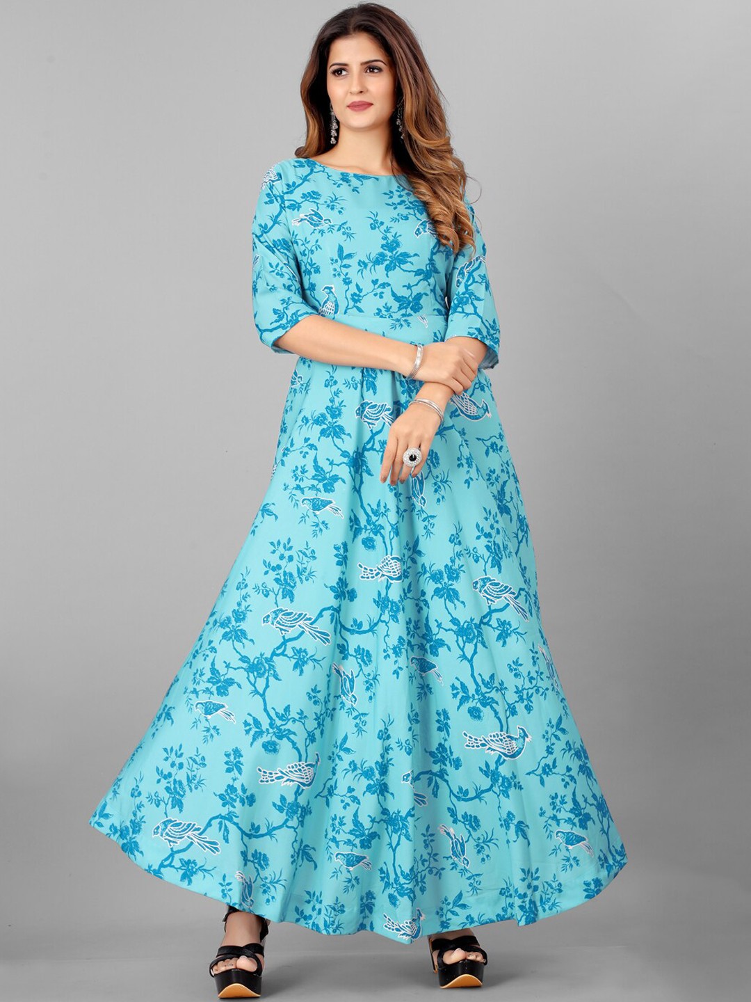 

SHOPGARB Women Turquoise Blue & White Ethnic Motifs Printed Maxi Ethnic Dress
